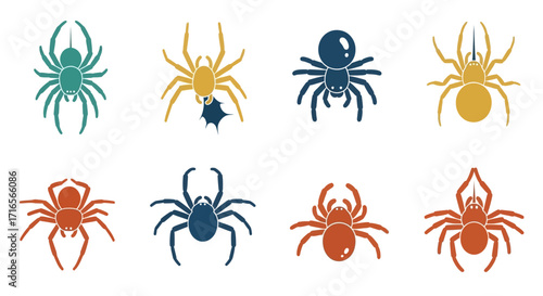 A diverse set of eight colorful, stylized spider icons in various flat design styles.