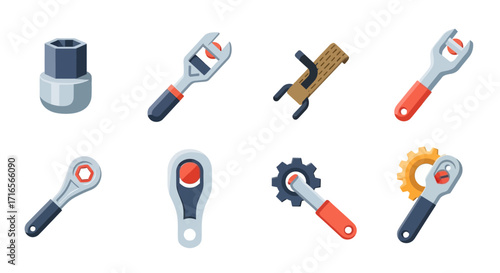 A stylized collection of illustrated mechanics hand tools including wrenches, sockets, ratchets, and gears.