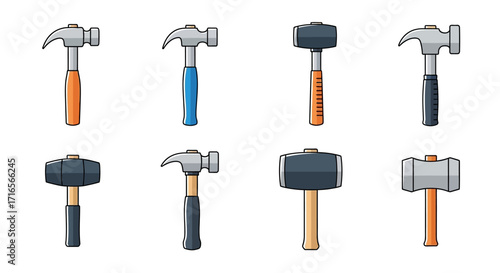 Assortment of Hammers - Claw, Sledge, and Ball Peen Styles with Wooden and Metal Handles.