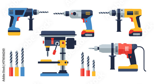 Assortment of Power Drills and Drill Bits for Construction and DIY Projects.