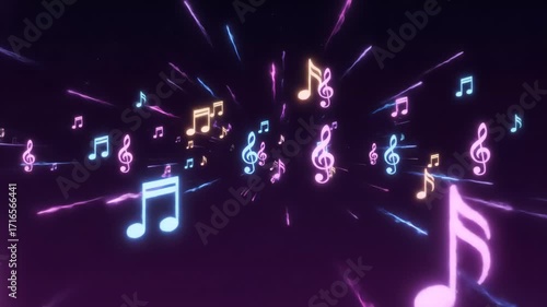 A dynamic journey through abstract musical elements, featuring glowing neon music notes and treble clefs against a dark background with vibrant, radiating streaks of light.