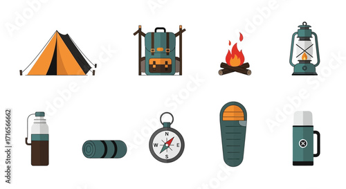 Camping Gear Set - Tent, Backpack, Fire, Lantern, Bottle, Mat, Compass, Sleeping Bag.