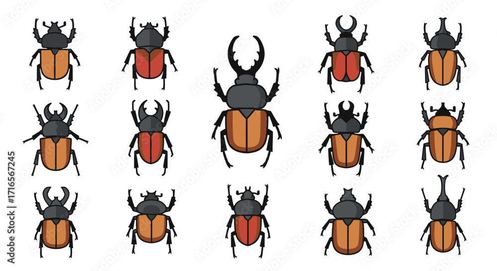 Fototapeta premium Collection of Colorful Cartoon Beetles in Various Poses.