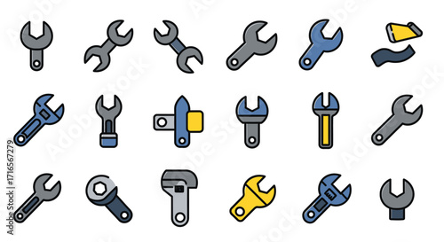 Collection of Colorful Cartoon Wrenches with Black Outlines.