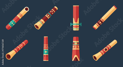 Collection of Colorful Didgeridoos in Flat Design Style.