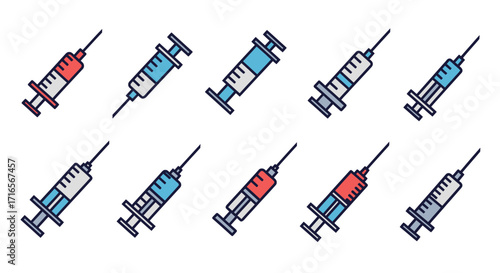 Collection of Colorful Line Art Syringe Icons.