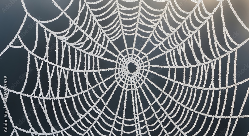 Obraz premium Close-up of a spiderweb covered in white frost against a dark background on a cold morning.