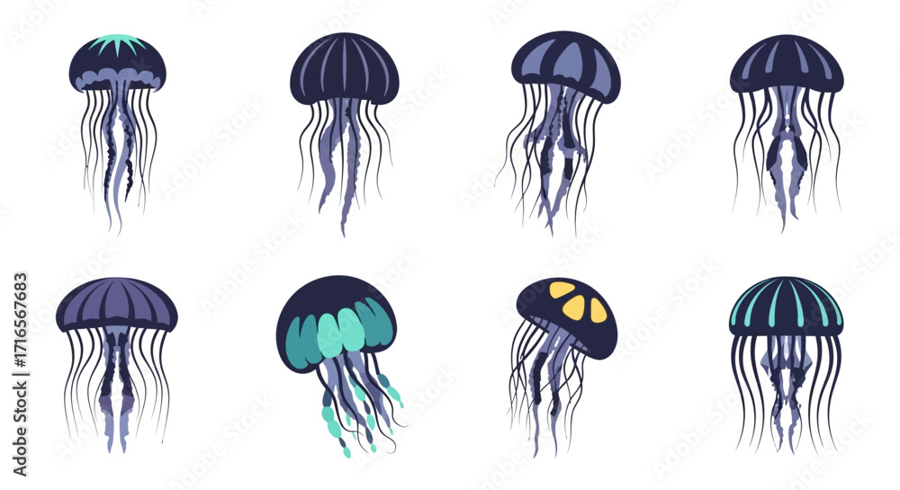 Obraz premium Collection of eight stylized dark blue and purple jellyfish illustrations with striped bells and long, flowing tentacles.