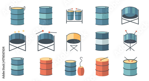 Collection of Diverse Steel Drums and Percussion Instruments.