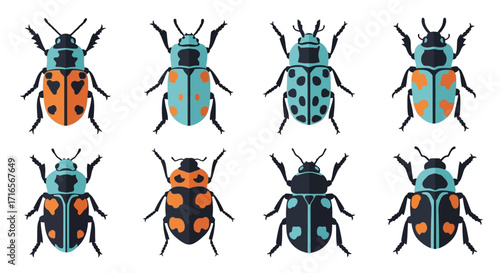 Collection of Eight Colorful Beetles with Varied Patterns and Designs, Flat Illustration.