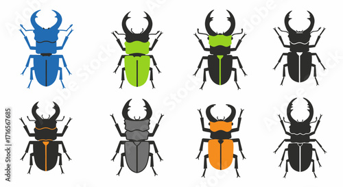 Collection of Eight Flat-Style Stag Beetles in Various Colors.