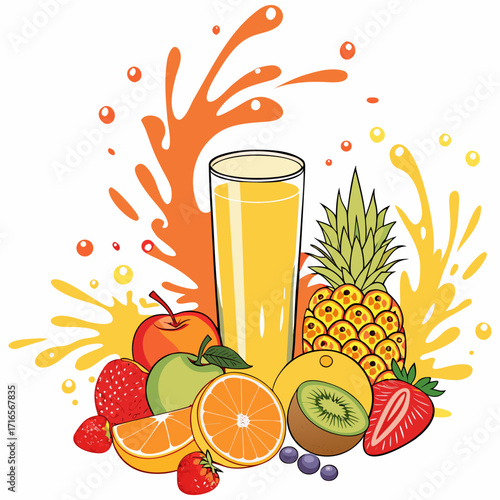 Fresh Juice Glass with Colorful Fruits - Vector Illustration