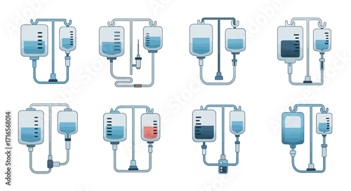 Collection of Intravenous Drip Bags with Varying Fluid Levels and Designs.