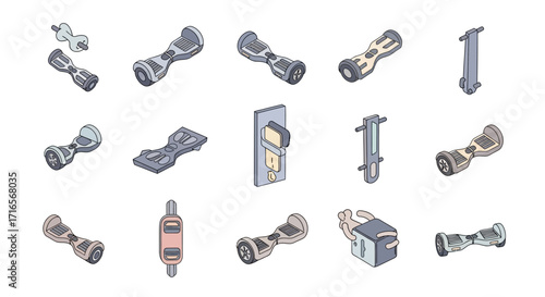 Collection of Isometric Style Hoverboard Illustrations.