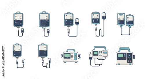 Collection of IV Drip Bags and Infusion Pumps in Medical Settings.