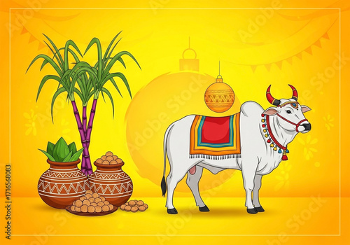 An illustrated image celebrating a cultural festival, primarily featuring a decorated white bull standing on a vibrant yellow background