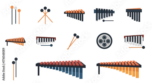 Collection of Marimbas and Xylophones with Mallets in Various Styles and Arrangements.