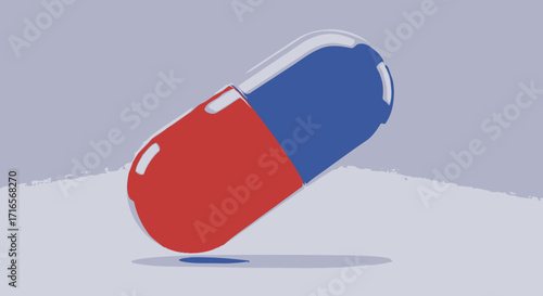 Red and blue capsule pill on a light background.
