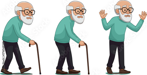 Cartoon elderly man, walking cane, posture change, aging support, mobility aid, senior lifestyle, healthcare, independence, physical therapy, rehabilitation, elder care, mature adult