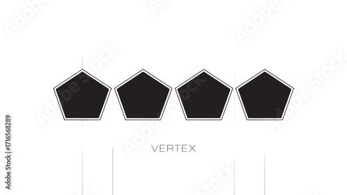 Four black pentagons with grey borders arranged in a row representing geometry design and modern aesthetics
