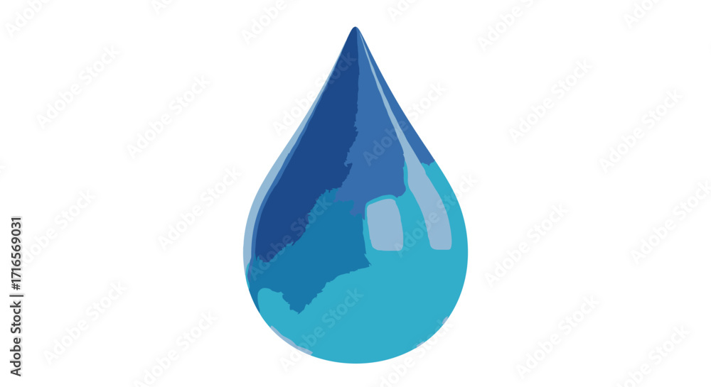 Obraz premium Illustration of a blue water droplet with light and dark blue shading, isolated on a white background.