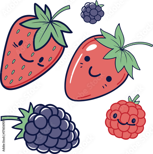 Seamless vector pattern of ripe strawberries, raspberries, and other delicious berries, with fresh green leaves