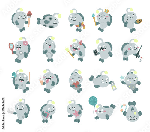 Anglerfish character set in scandinavian style showing different emotions and poses while holding objects like gift, balloon, cookies, lanterns, underwater in a marine atmosphere