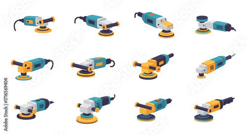 Collection of Teal and Yellow Angle Grinders with Various Pad Attachments.