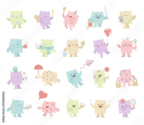 Pillow character set in scandinavian style showing different emotions and poses including fairy, party hat, graduation cap, umbrella, balloon, kite, lollipop, handbag, mirror, donut