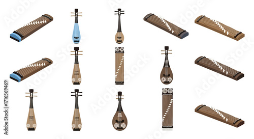Collection of Traditional Chinese Stringed Instruments - Pipa and Guzheng.