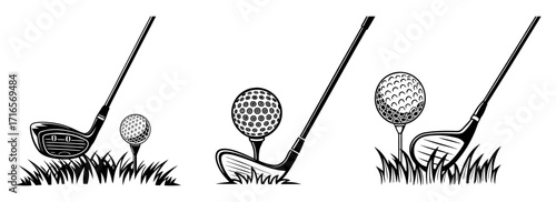 Golf Club and Ball in Grass Vector Set for T Shirt Printing Retro Sports Golfer Illustration Design