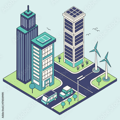 Vector illustration of a modern urban cityscape with various residential and business buildings