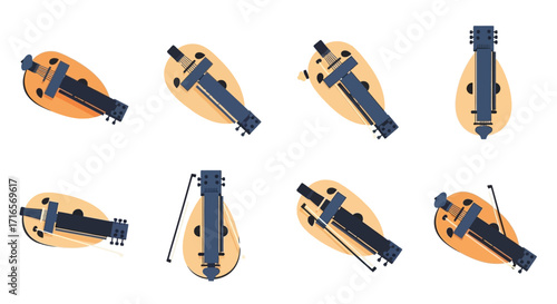 Collection of Vector-Style Hurdy-Gurdy Musical Instruments in Various Angles and Poses.