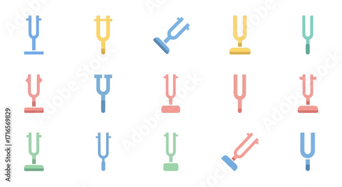 Colorful flat icon set of musical tuning forks in different styles and orientations.