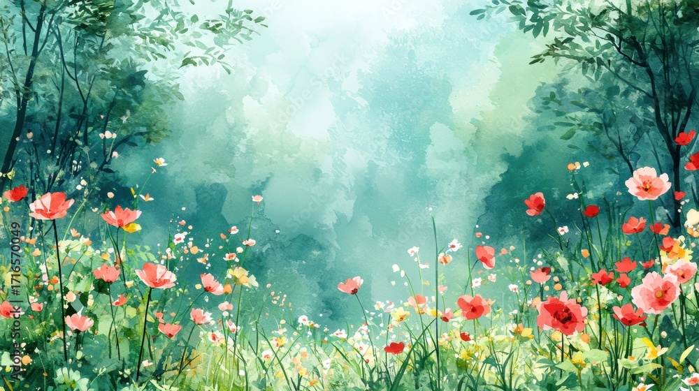 Fototapeta premium Serene Floral Landscape with Vibrant Wildflowers in Soft Light
