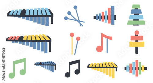 Colorful Vector Illustrations of Various Musical Instruments and Music Notes.