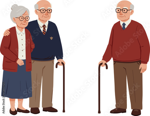 Cartoon elderly people, mobility aid, casual clothing, mature adults, character design, friendly pose, senior lifestyle, love and support, aging population, flat illustration, wellness