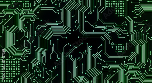 Abstract green glowing circuit board pattern macro view with intricate pathways and connections digital background