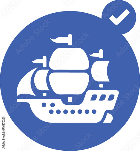White sailing ship silhouette with checkmark icon on blue circle background