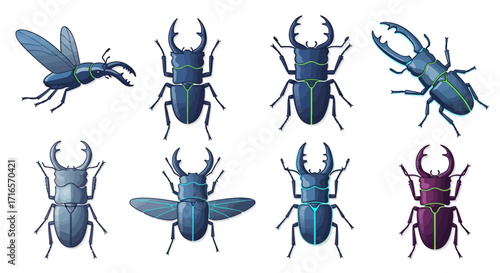 Detailed blue and purple stag beetles with prominent mandibles, varied poses, and open or closed wings.