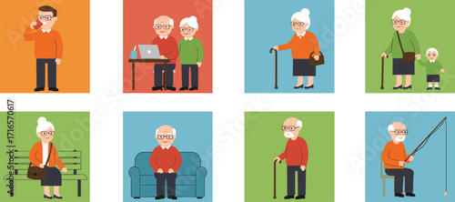 Cartoon elderly people, senior lifestyle, aging support, walking cane, family moment, phone call, fishing, computer use, healthcare, retirement, independence, physical therapy