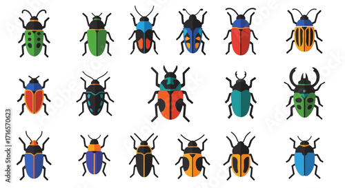 Diverse Collection of Stylized Beetles with Vibrant Colors and Intricate Designs.