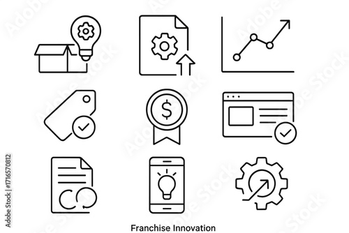 Franchise Innovation Icons. Line style icons of Franchise Innovation: New product icon, tech upgrade file, trend analysis chart,