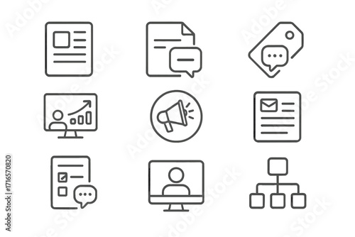 Franchise Communication Icons. Line style icons of Franchise Communication Channels: Internal newsletter icon, team chat file,