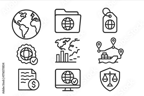 Franchise Operations Icons. Line style icons of Franchise Global Operations: Global map icon, regional HQ file, cultural