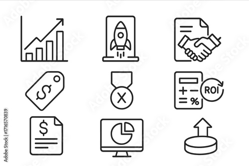 Investment Icons Grid. Line style icons of Investment Returns: Equity gain chart, startup exit icon, acquisition deal file,