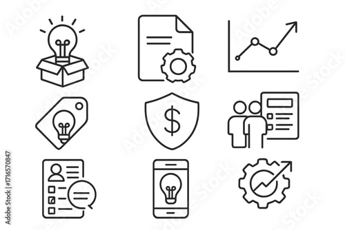 Franchise Innovation Icons. Line style icons of Franchise Innovation: New product icon, tech upgrade file, trend analysis chart,