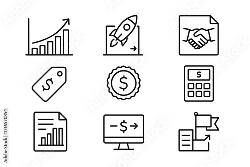 Investment Icons Grid. Line style icons of Investment Returns: Equity gain chart, startup exit icon, acquisition deal file,
