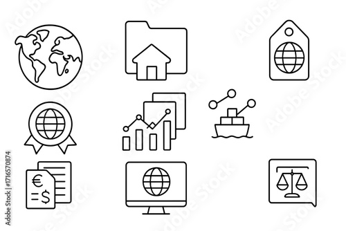 Franchise Operations Icons. Line style icons of Franchise Global Operations: Global map icon, regional HQ file, cultural