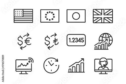 Forex Trading Icons. Line style icons of forex trading: major currency flags, cross currency pair, exotic currency pair, quote